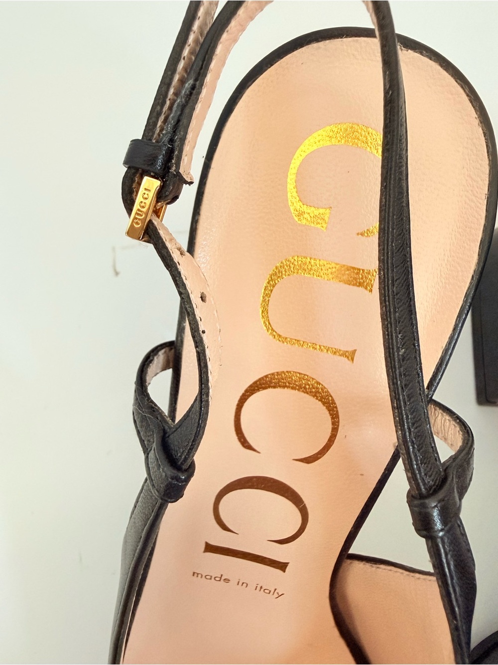 Gucci Malaga kid Horsebit 75mm Black Leather Slingback Pumps Gold Block Heel 38 - Picture 3 of 11